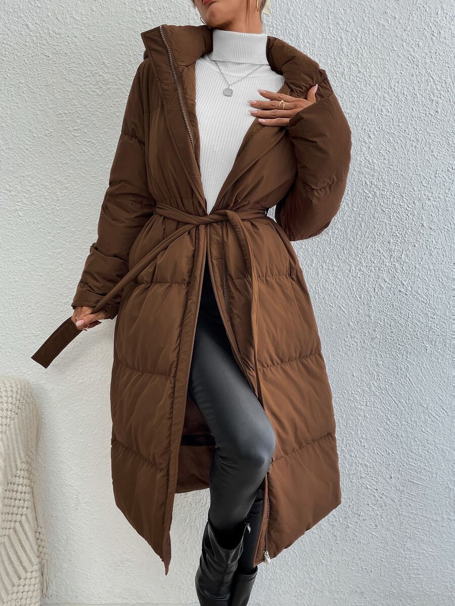 SHEIN Essnce Zip Up Hooded Belted Padded Coat, Ladies Winter Casual Belted, Zipper Regular Sleeve Hooded Oversized Coffee Brown Plain Women Padded Coats, Winter Warmth/ Winter Fashion