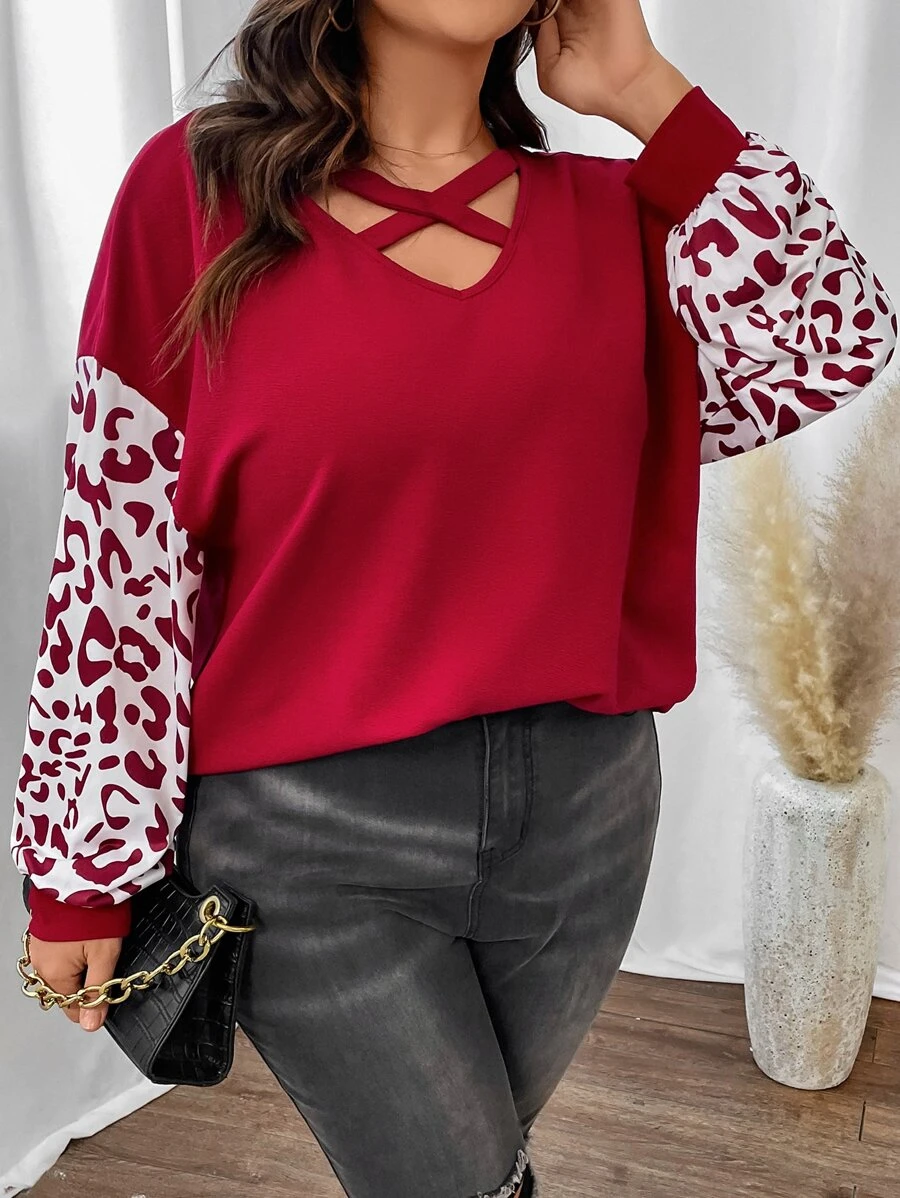 SHEIN LUNE Plus Leopard Print Crisscross Drop Shoulder Top