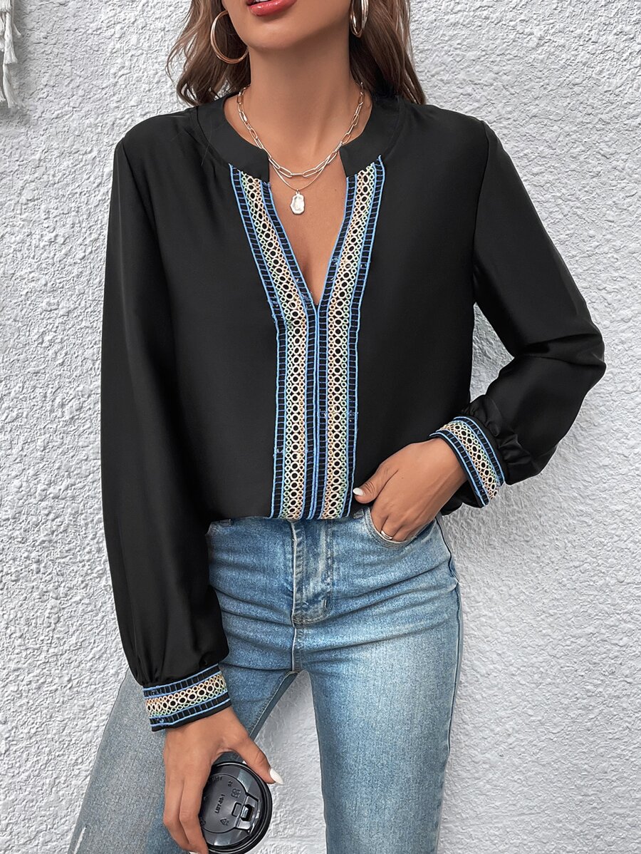 SHEIN LUNE Geo Embroidered Notched Neckline Blouse