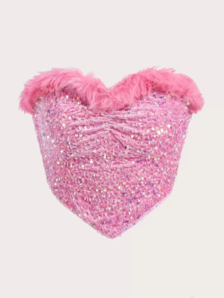SHEIN ICON Fuzzy Trim Asymmetrical Hem Sequins Tube Top