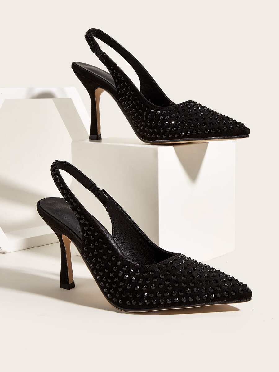 Rhinestone Decor Point Toe Heeled Faux Suede Slingback Pumps, Women's High Heel Solid Color Party Shoes With Diamond Decoration And Back Strap