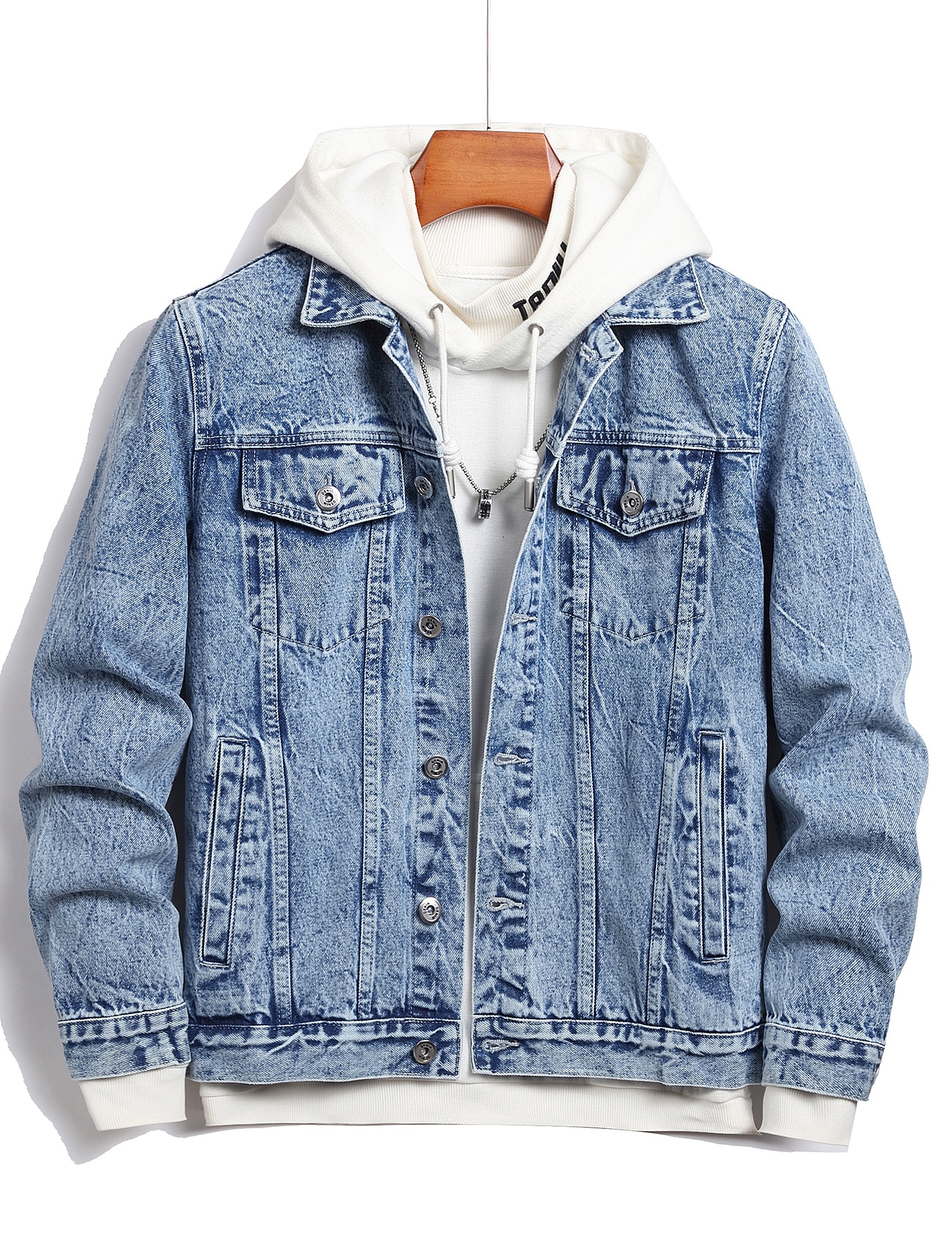 Men Flap Pocket Denim Jacket Without Hoodie