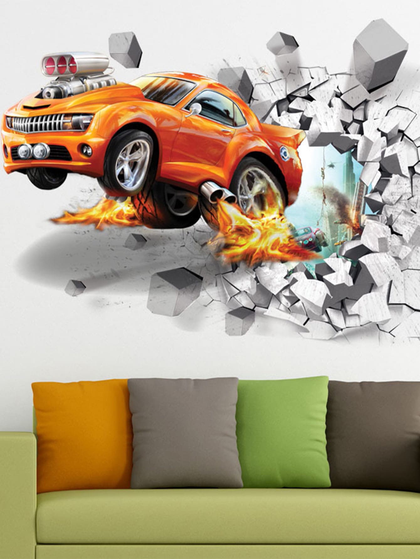 Car Print Wall Sticker, 3D Self Adhesive Wall Art Decal For Home Decor