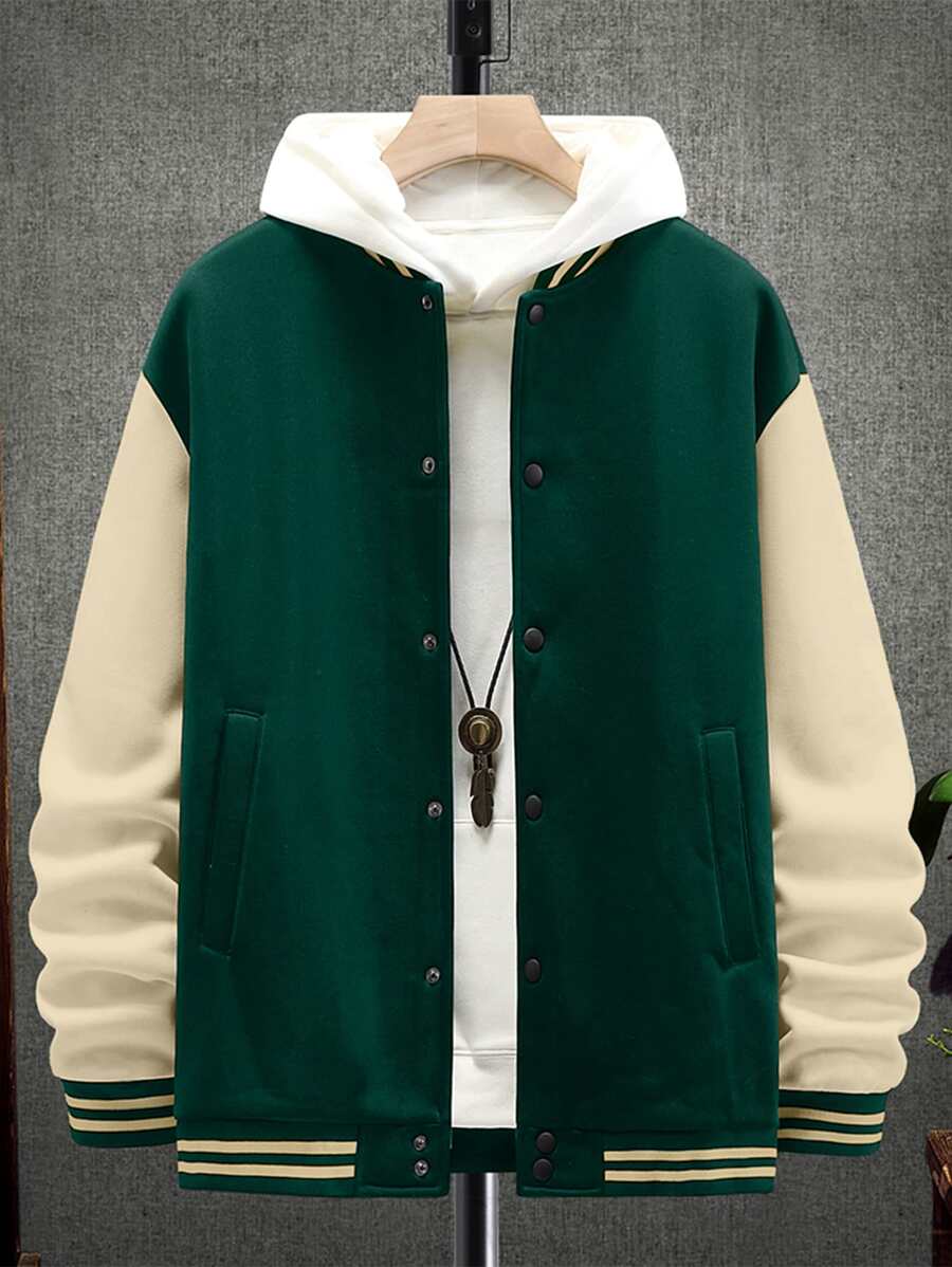 Manfinity Sporsity Men Colorblock Striped Trim Drop Shoulder Varsity Jacket Without Hoodie