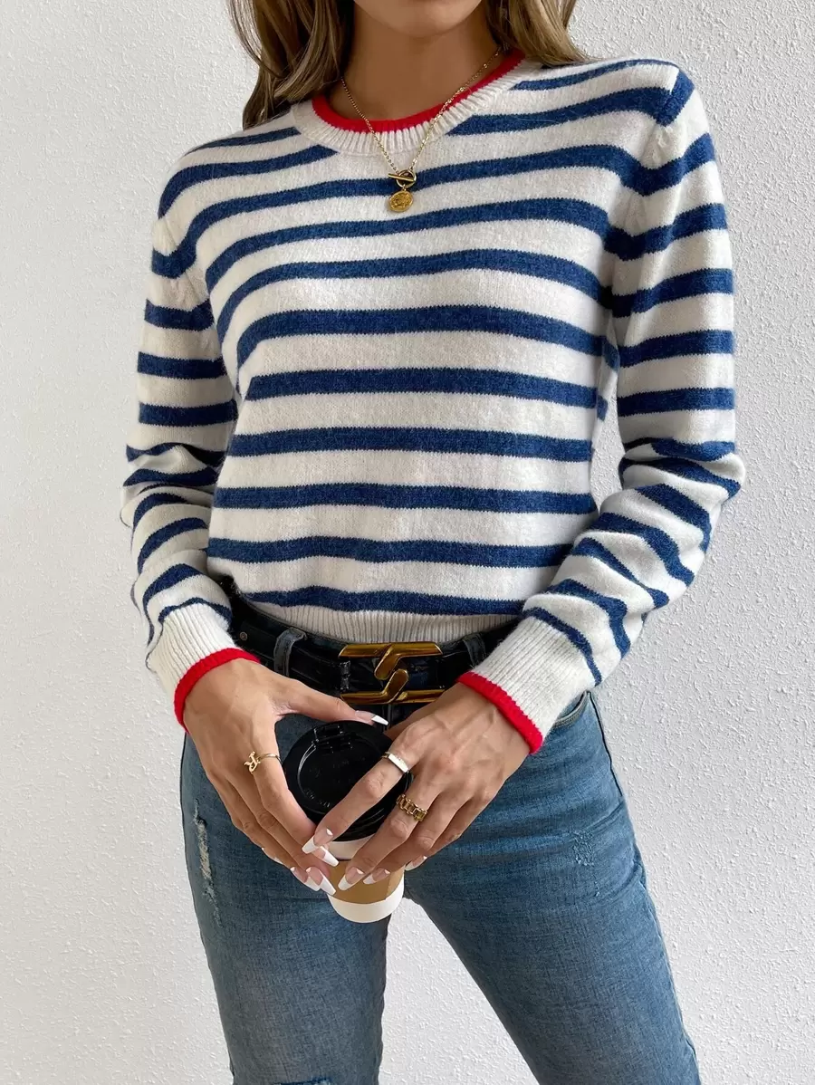SHEIN LUNE Jersey de manga larga con patrón a rayas y acabado en contraste