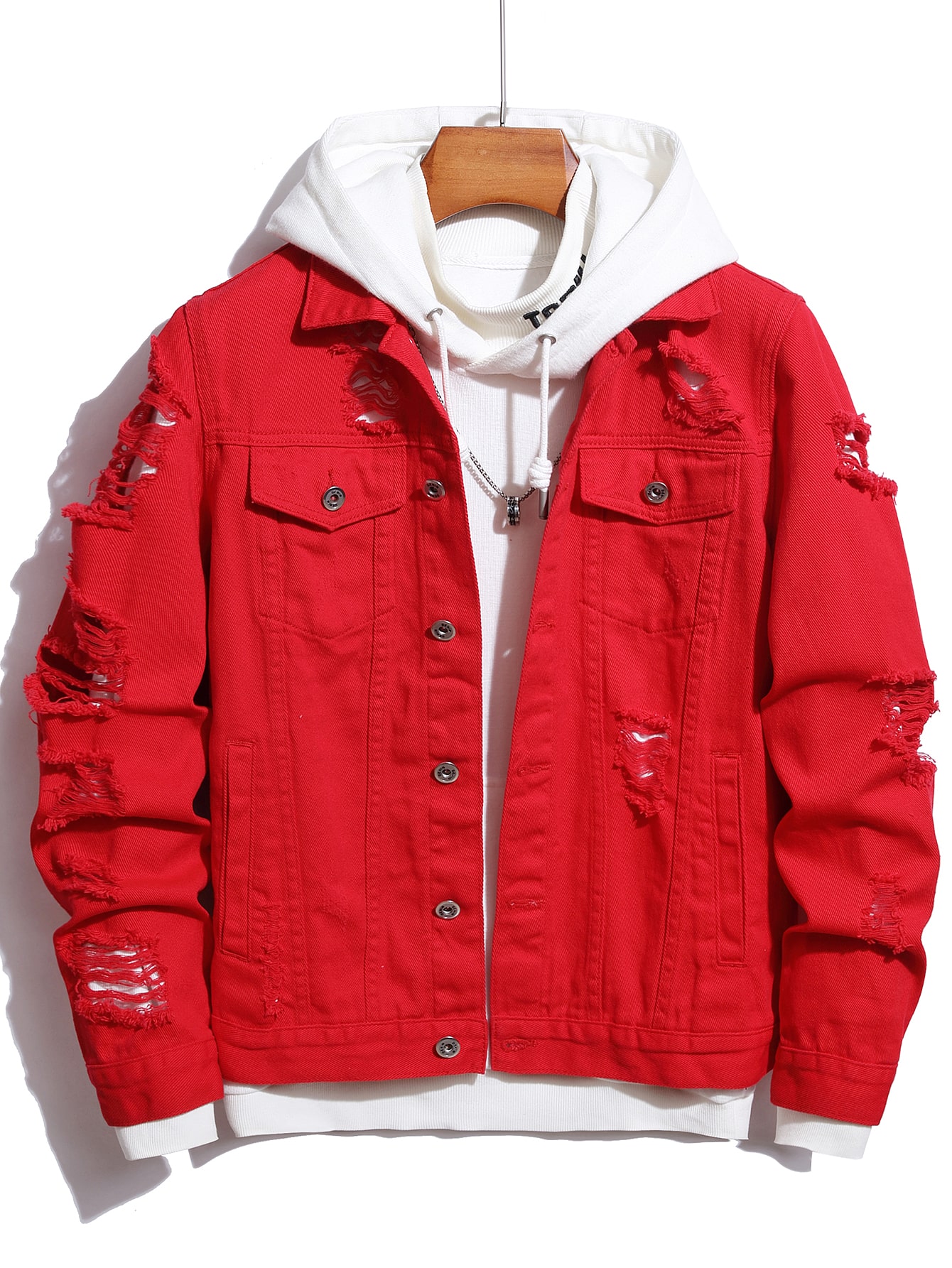 Men Ripped Flap Pocket Denim Jacket Without Hoodie