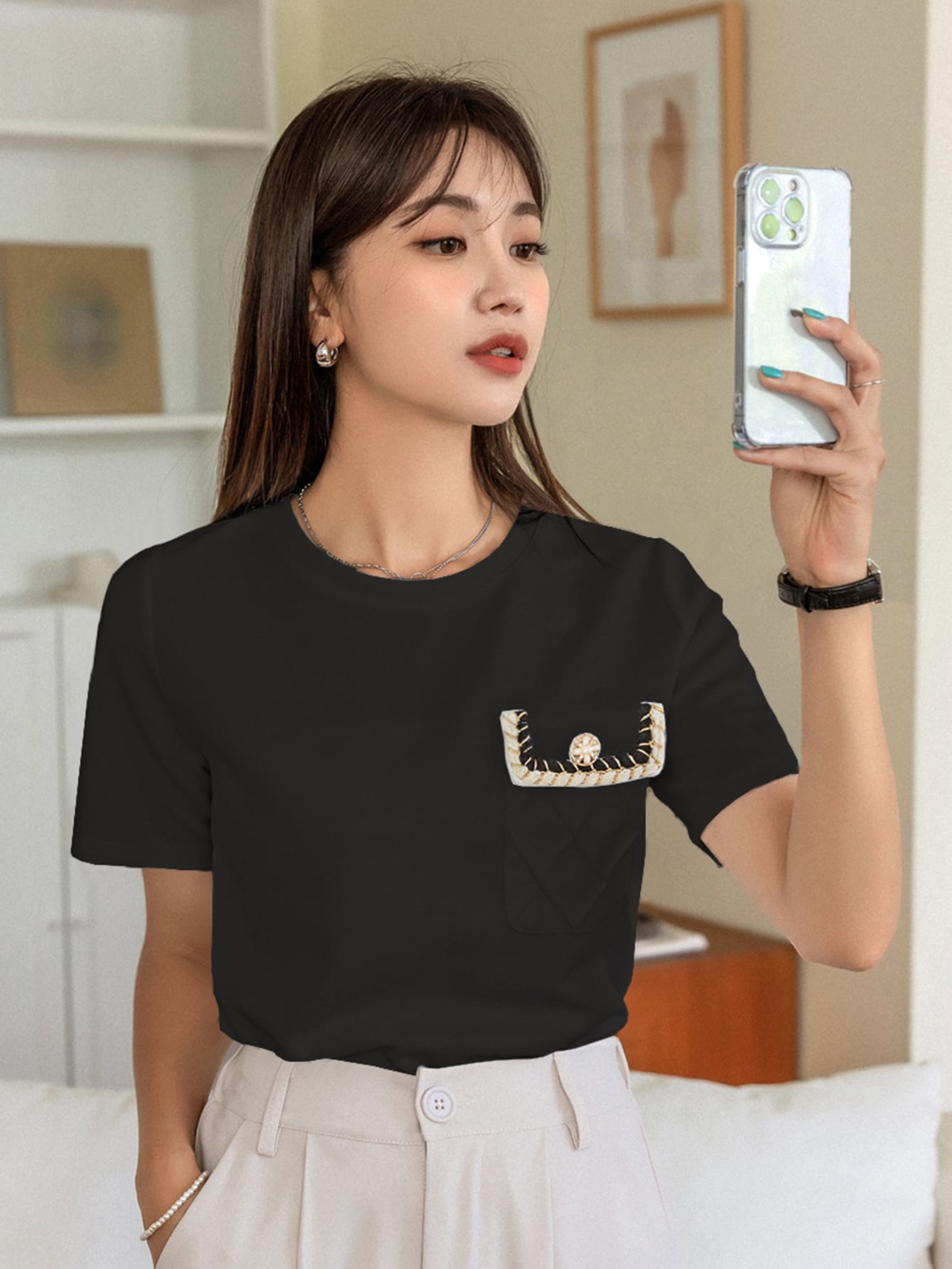 DAZY Pocket Patched Button Detail Tee