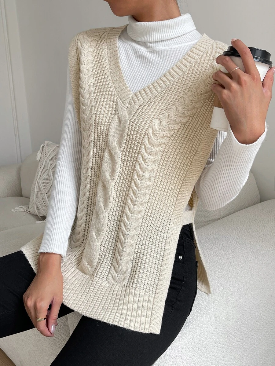 SHEIN EZwear Women's Spring Fashionable Apricot 1pc Cable Knit Split Hem Sweater Vest