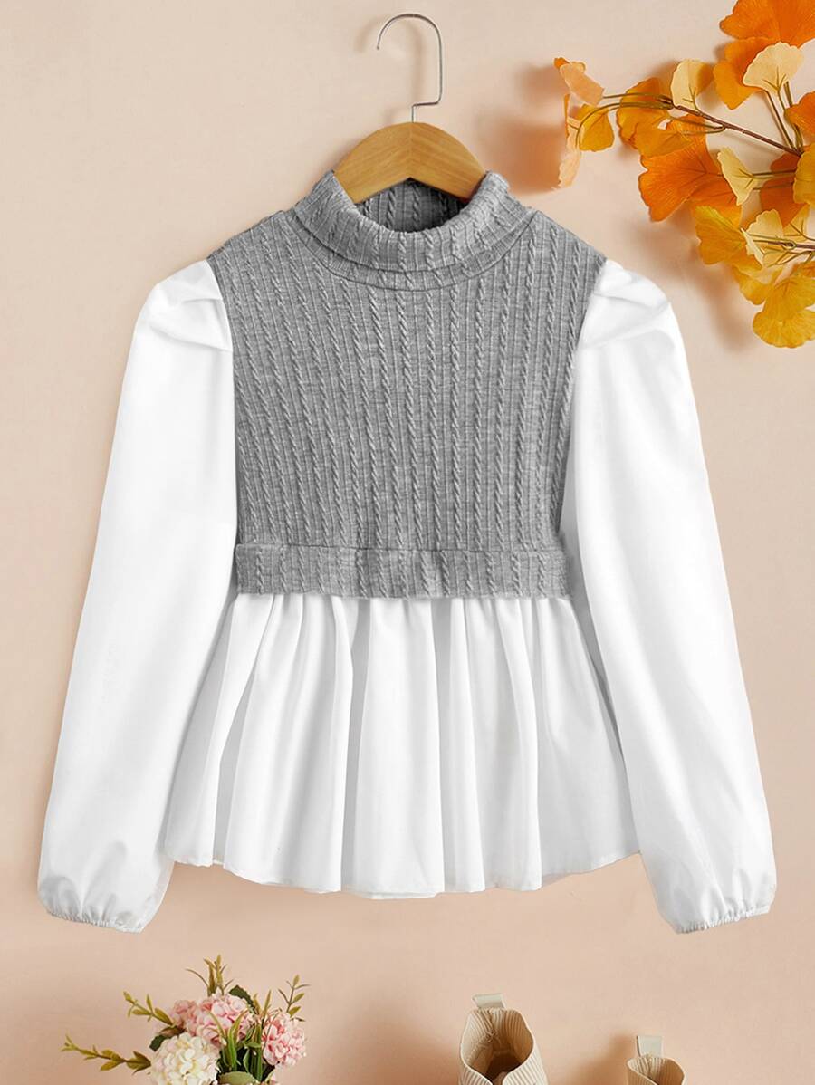 SHEIN Girls Two Tone Mock Neck Lantern Sleeve Peplum 2 In 1 Blouse