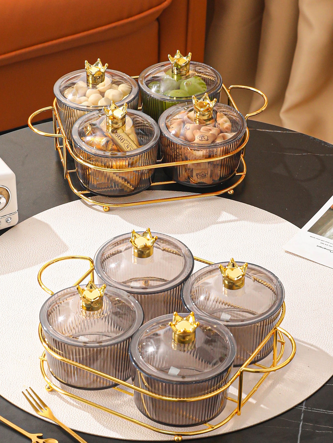4pcs Crown Decor Food Storage Jar & 1pc Storage Rack