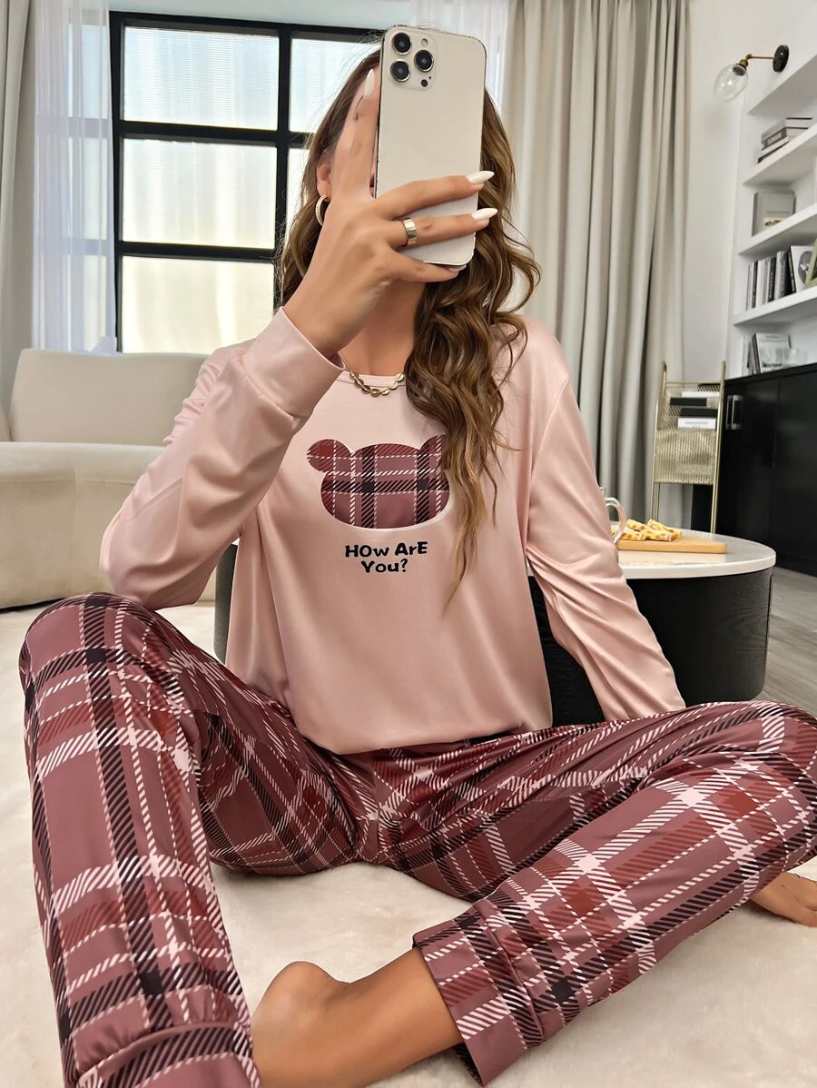 Plaid & Slogan Graphic PJ Set / Pajama Set