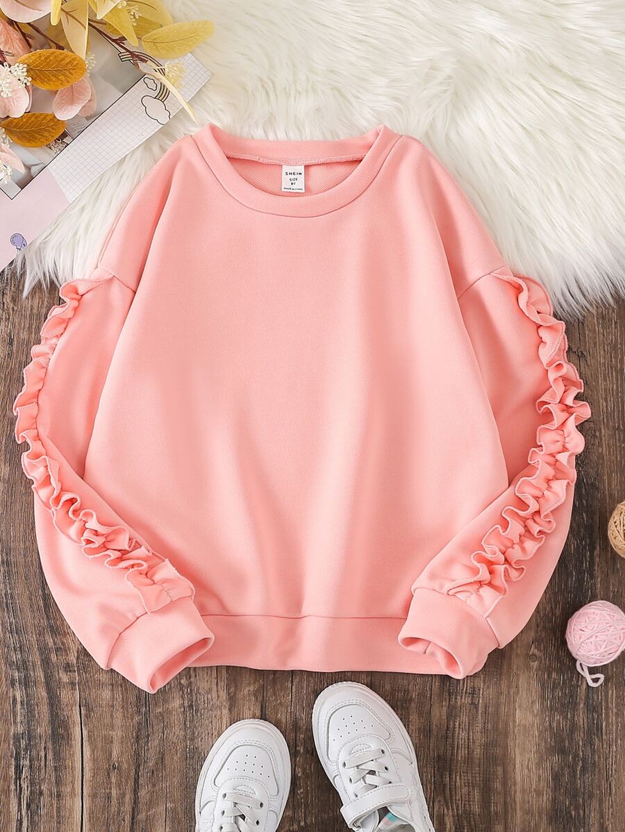 SHEIN Sweatshirt Tween Girl Com Babados Nas Mangas E Ombros Caídos