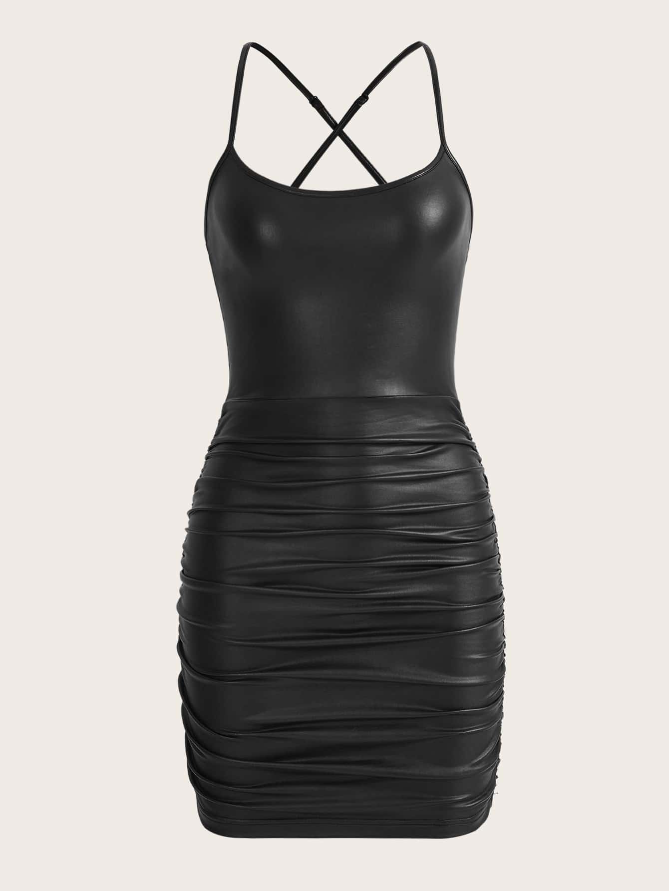 SHEIN ICON Ruched PU Leather Bodycon Dress