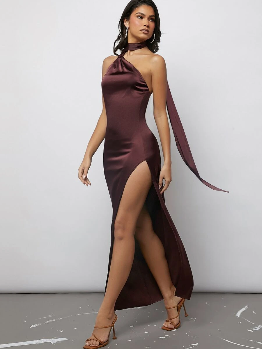 SHEIN BAE Halter Kleid mit Kreuzgurt auf Rücken, Schlitz, Satin