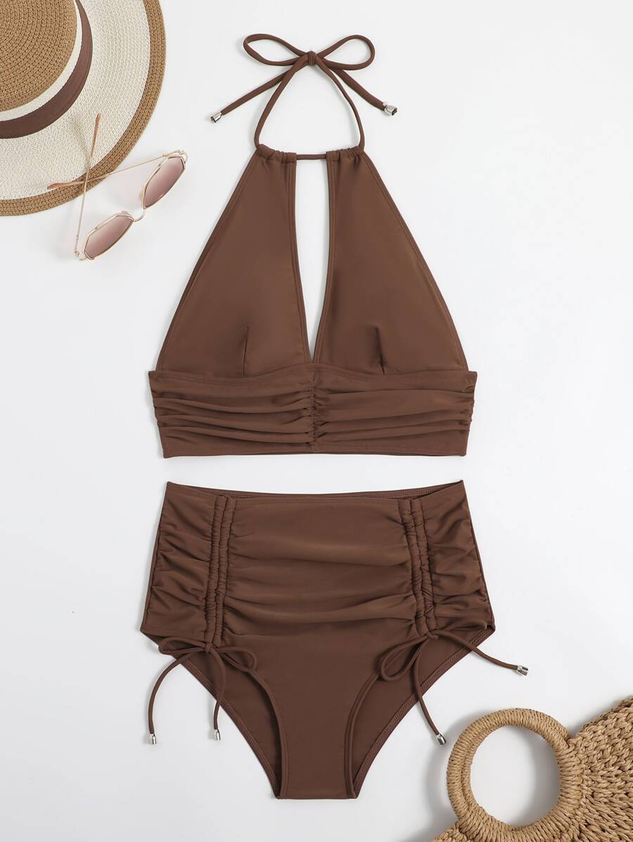 Mono Tankini Set Cut Out Ruched Halter Top Drawstring High Waist Bikini Bottom Piece