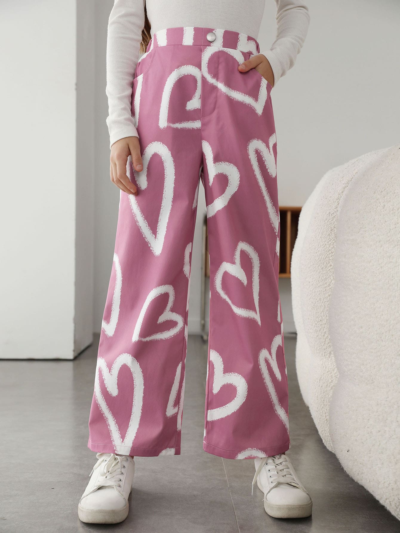 SHEIN Tween Girl Casual Cute High Waist Woven Wide Leg Pants With Heart Shaped Pattern