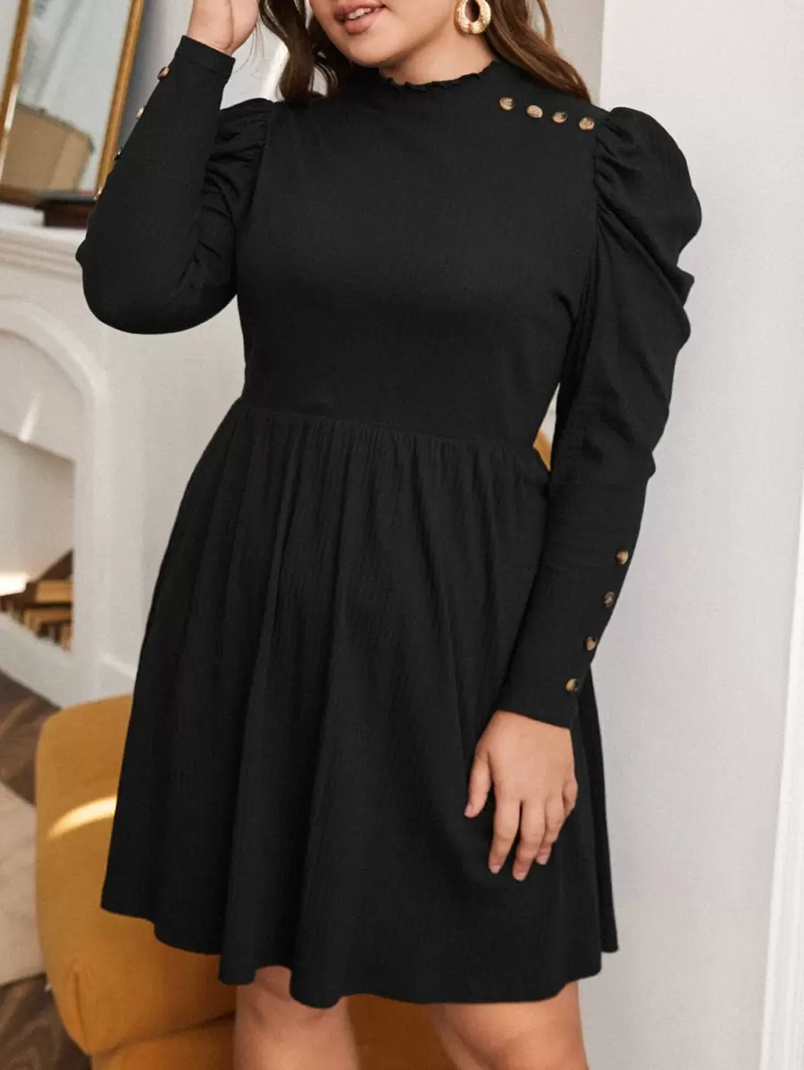 SHEIN Clasi Vestido de cuello alto con diseño de botón de manga gigot
