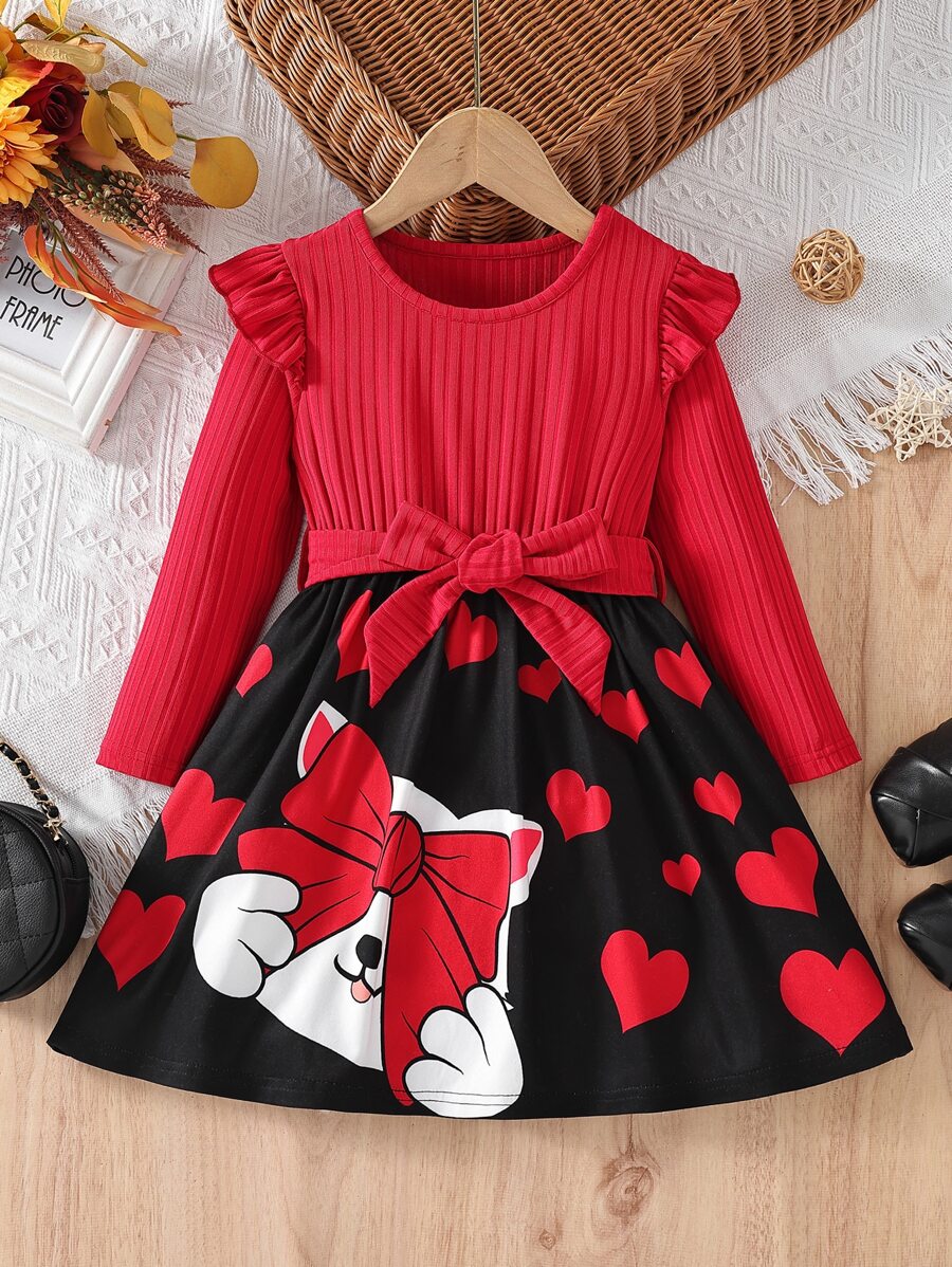 SHEIN Toddler Girls Heart & Cartoon Graphic Ruffle Trim Belted Dress