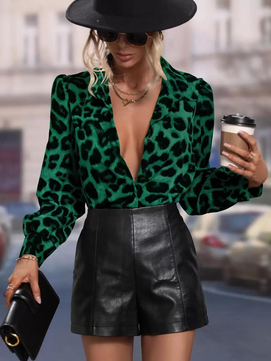 Calvaya Leopard Print Puff Sleeve Shirt,Long Sleeve Tops