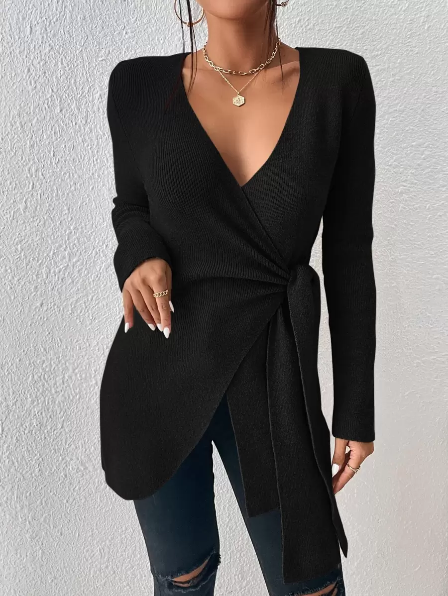 Firerie Women's Solid Color Twist Knot Long Sleeve Casual Sweater, Autumn/Winter,Long Sleeve Tops, Fall And Winter, Elegant, Black, Longsleeve,Bandage