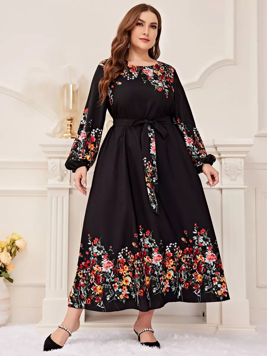 Modelyn Plus Floral Print Lantern Sleeve Belted Dress Maxi Women Outfit Long Evening Dresses