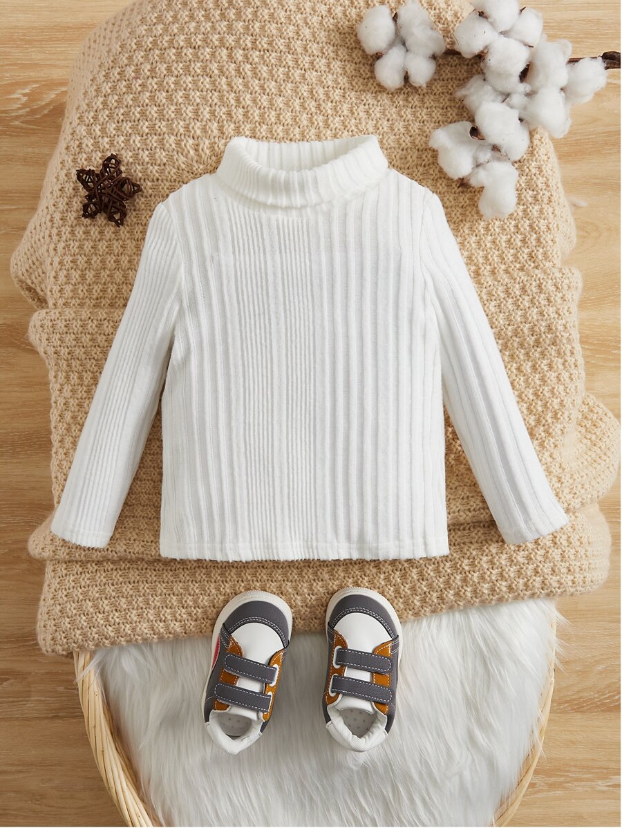 SHEIN White All-Match Soft Rib Knit Tops, Comfortable & Stretchy For Baby Boys/Girls, Suitable For Home & Outing, All Seasons
