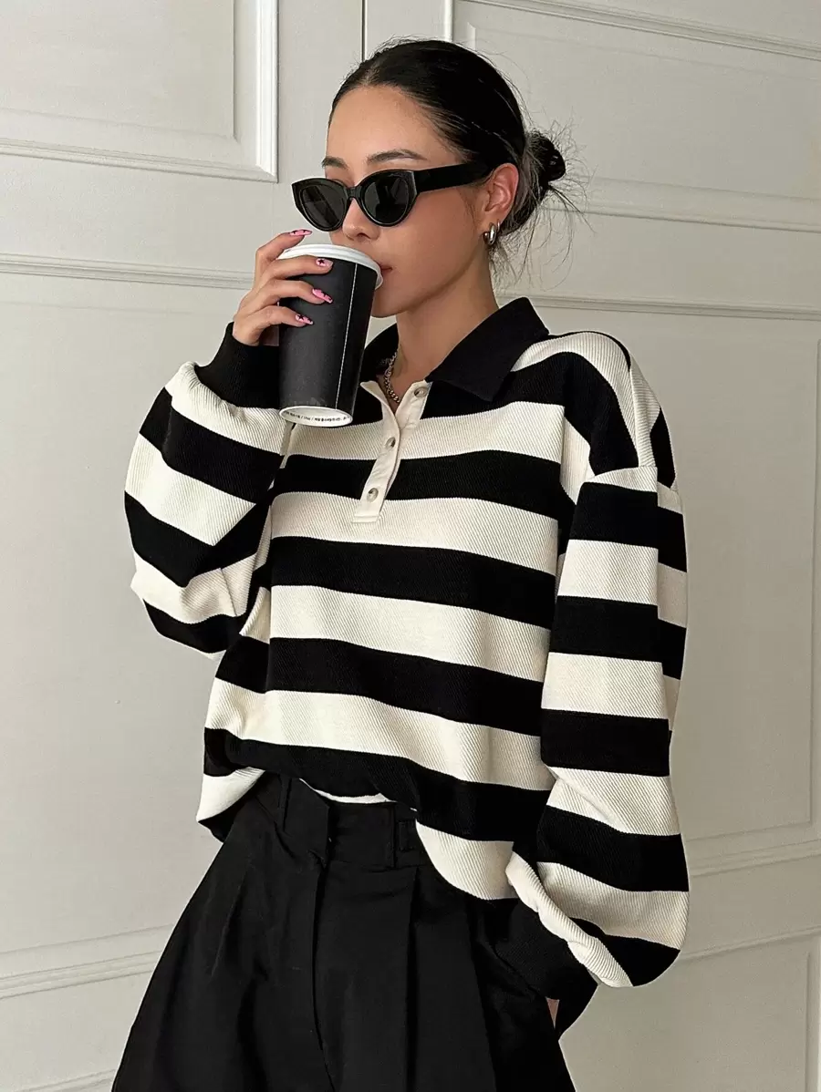 DAZY Striped Polo Neck Drop Shoulder Sweatshirt, Ladies Late Fall Casual Button Long Sleeve Polo Regular Fit Regular Black And White Drop Shoulder Half Placket Women Hoodies,Long Sleeve Tops