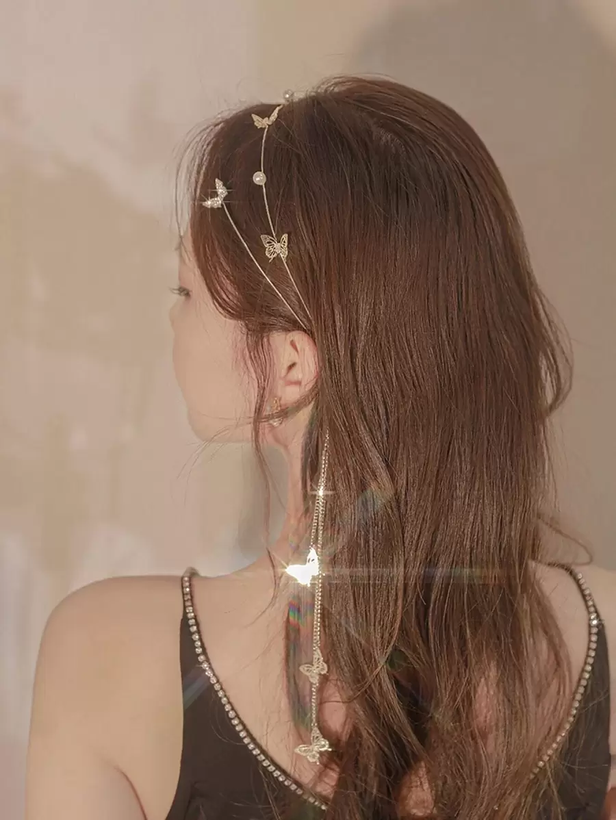 1 pezzo Cerchietto da sposa con farfalla, cerchietto con nappine e cristalli, accessorio per capelli con orecchini finti e catena per capelli, accessori per capelli per donne e ragazze