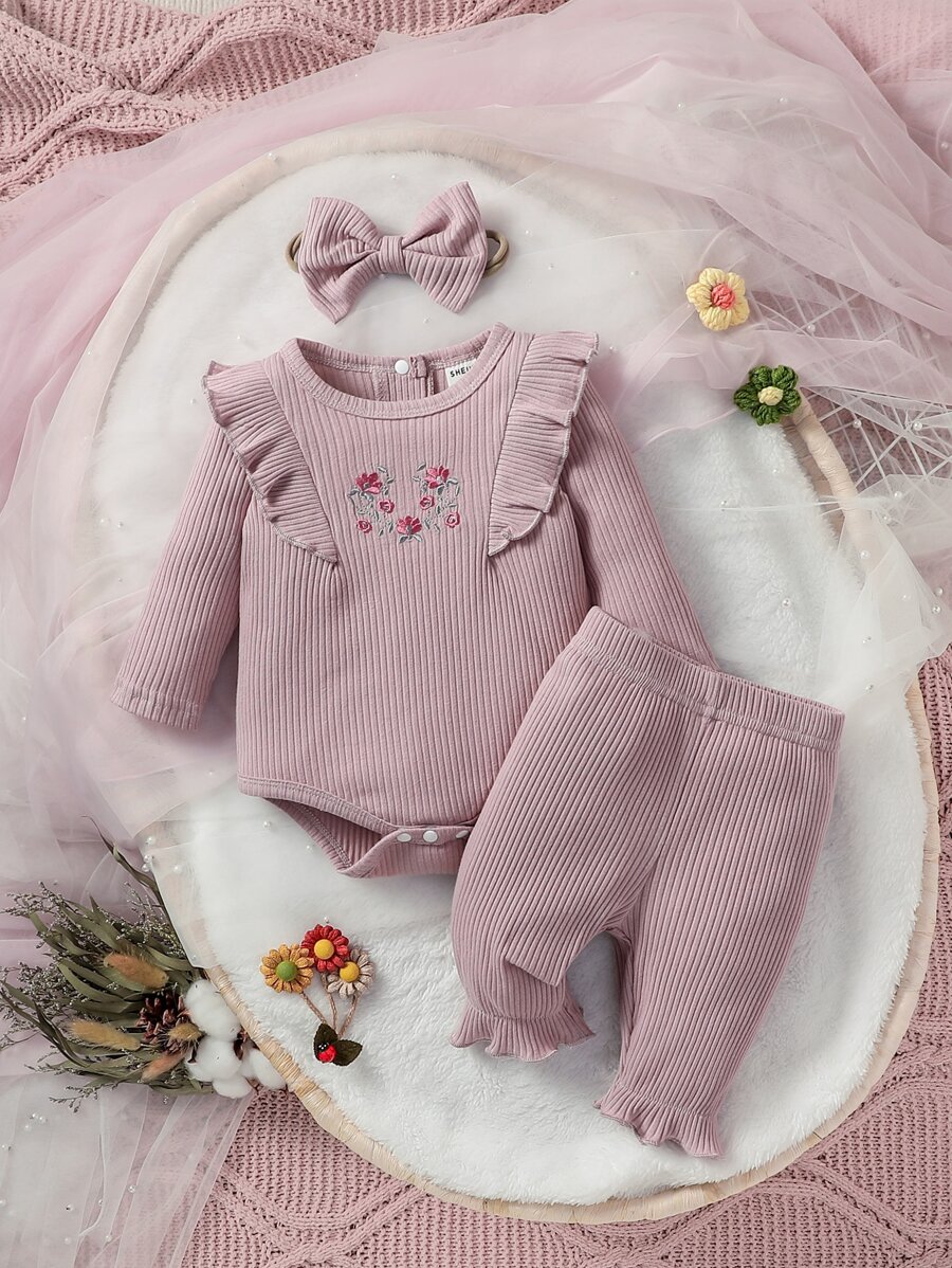 SHEIN Conjunto De Body Y Pantalón Y Diadema Para Recién Nacidas De Niña Con Bordado Floral Y Volantes