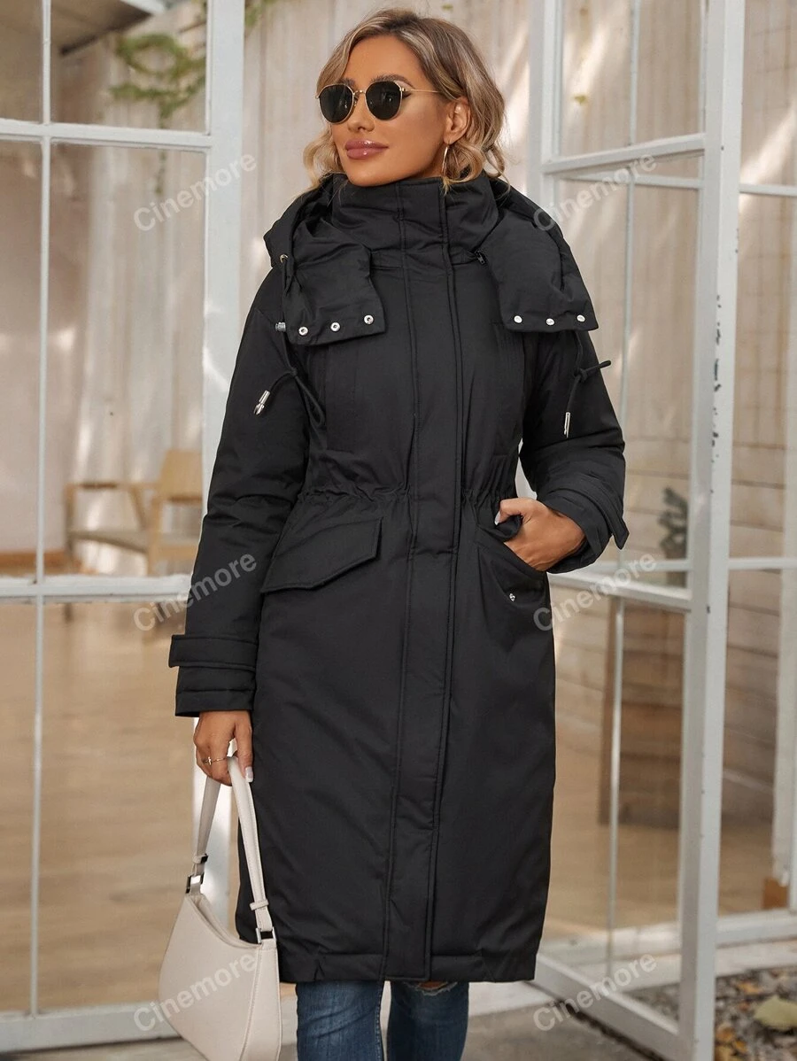 Zip Up Snap Button Split Back Hooded Padded Coat