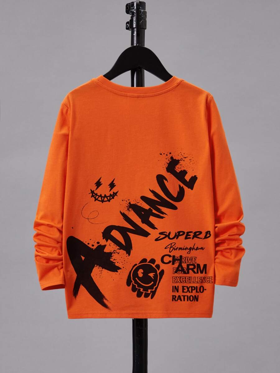 SHEIN Jungen Lässig Langarm Rundhals T-Shirt mit Briefen und Cartoon-Muster