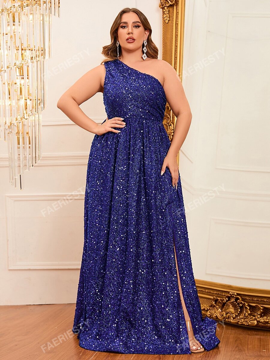Vestido de noche de graduación, cena o boda con un hombro, abertura lateral con lentejuelas, elegante y formal