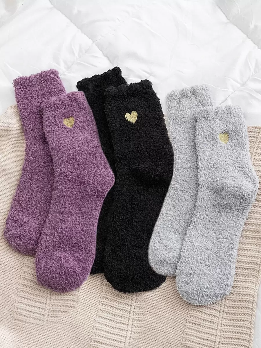 3 Pairs Women Winter Heart Pattern Thick Plush Warm Crew Socks