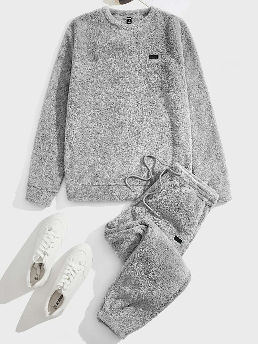 Manfinity VCAY Hombres Pullover con diseño de parche con cordón de franela con pantalones