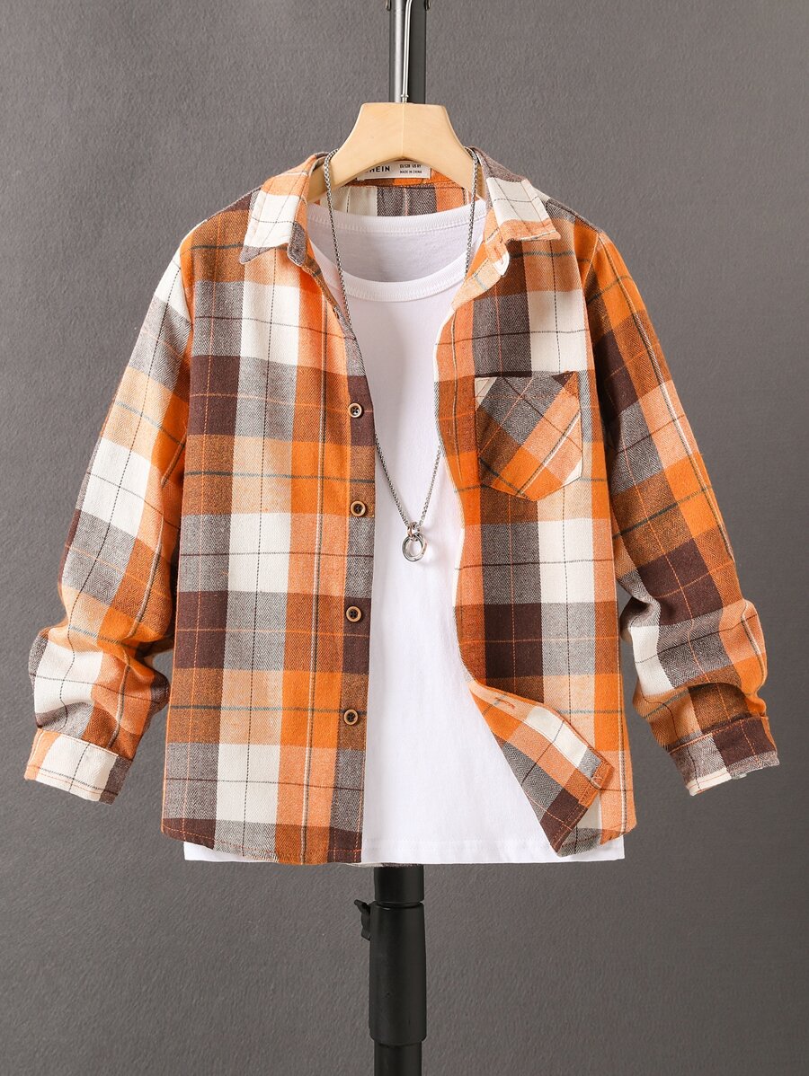 SHEIN Tween Boy Plaid Patched Pocket Shirt Without Tee