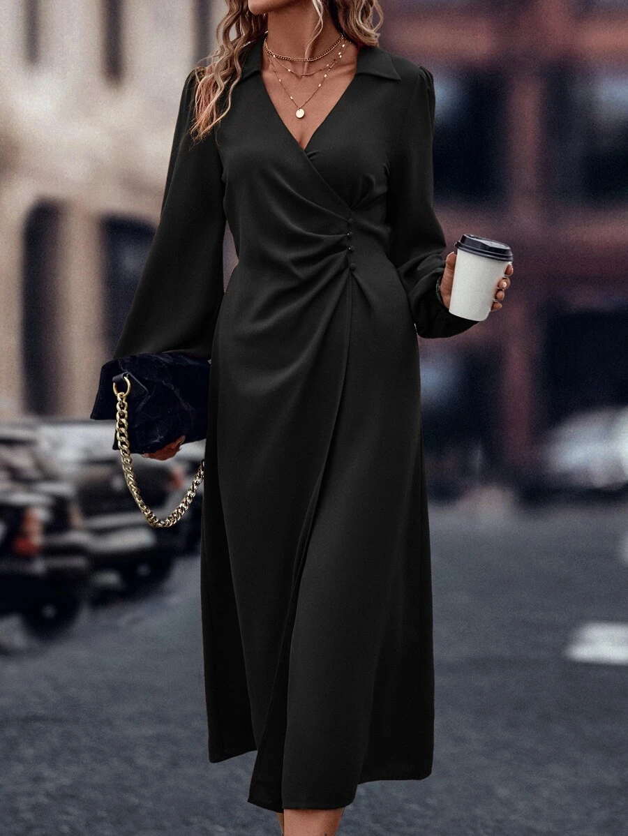 EMERY ROSE Solid Ruched Bishop Sleeve Dress