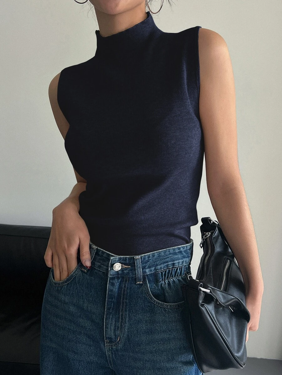 DAZY Chaleco de punto acanalado de cuello alto sólido, ropa de otoño