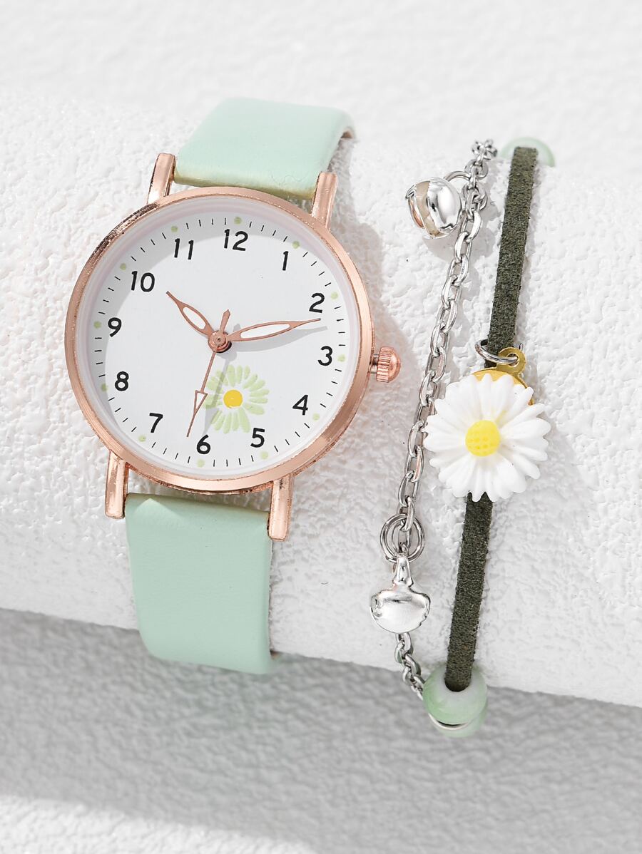 1 pieza Reloj de mujer con detalle de flor y manecillas redondas de cuarzo y 1 pieza Conjunto de reloj de pulsera con flor de margarita de vacaciones para San Valentín