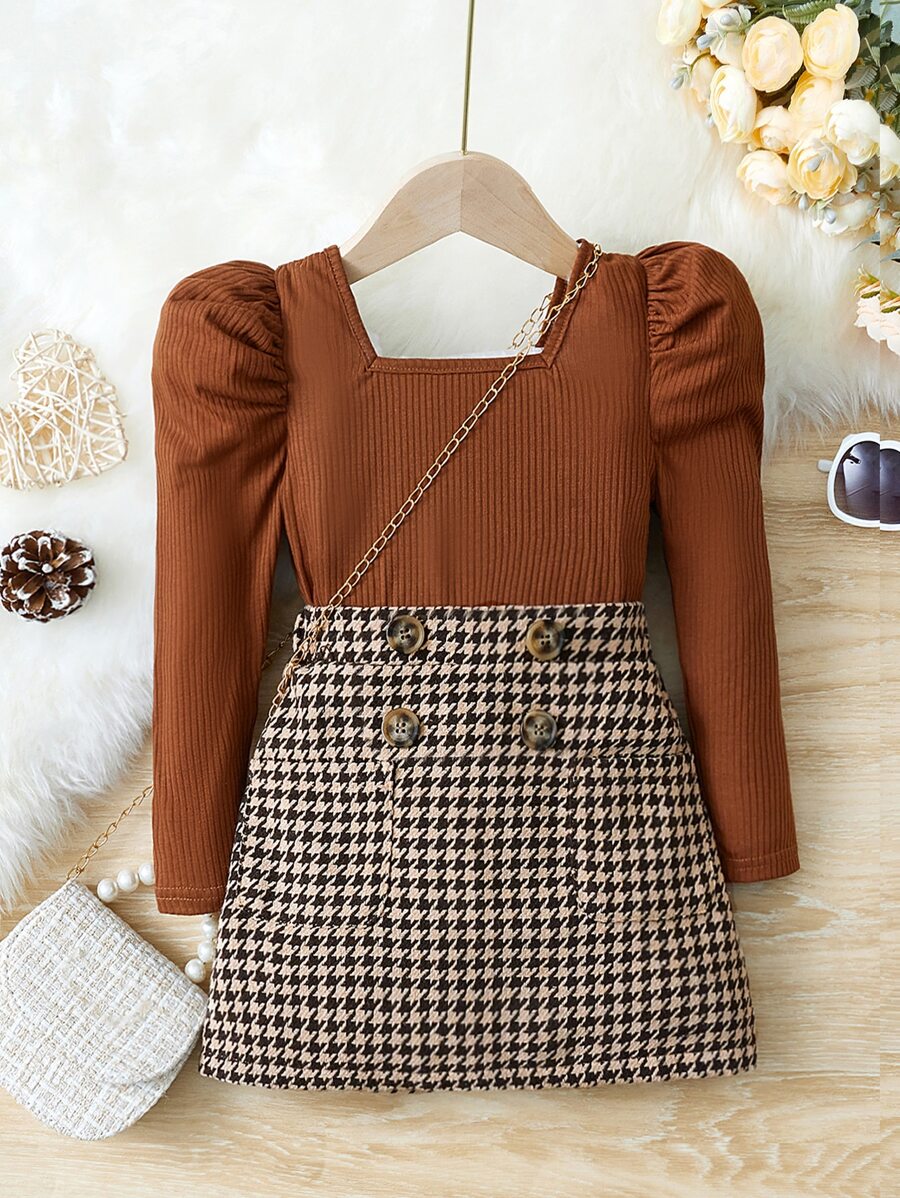 Set de 2 piezas para niña joven con blusa de punto de cuello cuadrado y manga gigot, y falda mini de tejido de cuadros