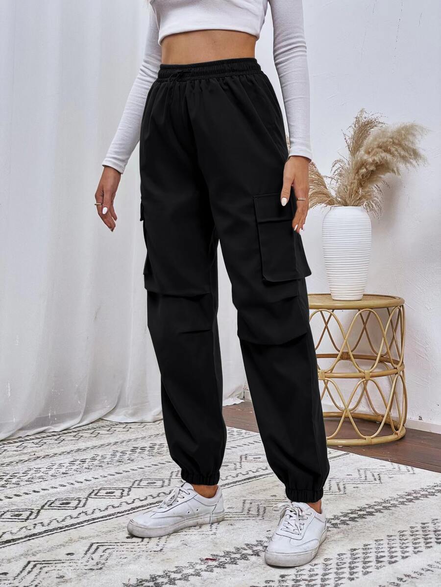 SHEIN MOOSTA Flap Pocket Drawstring Waist Cargo Pants