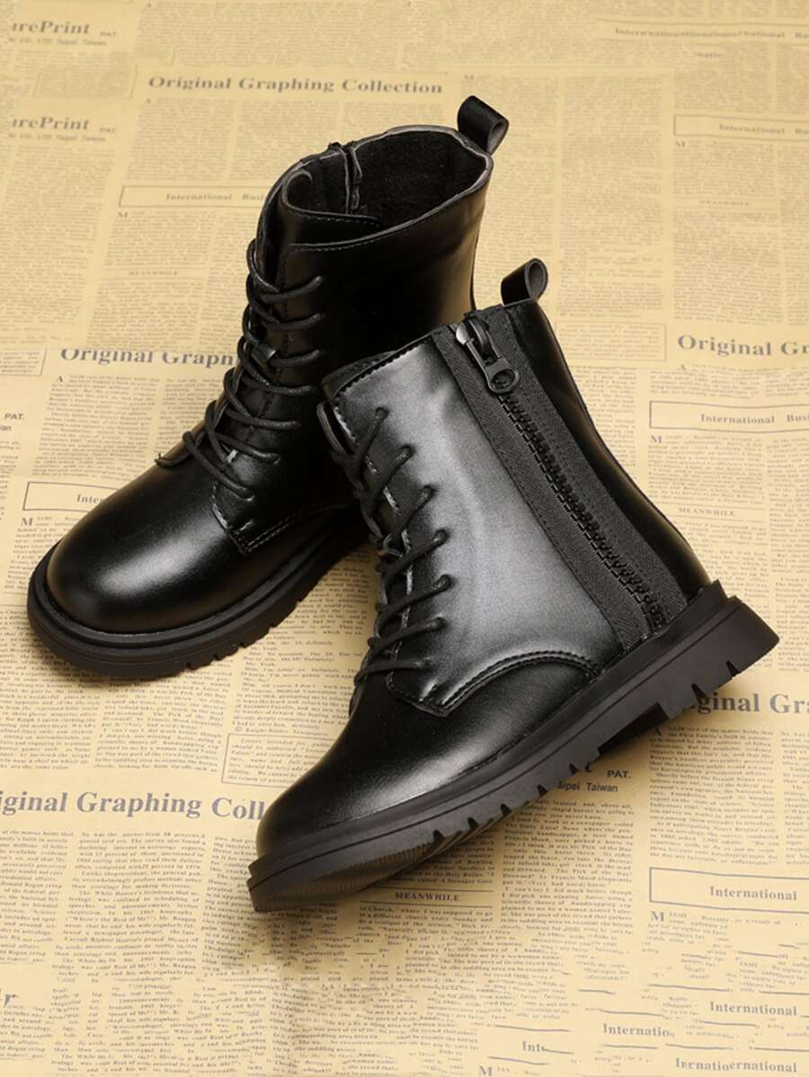 Girls' Side Zipper Front Tie Boots In Black, For Children