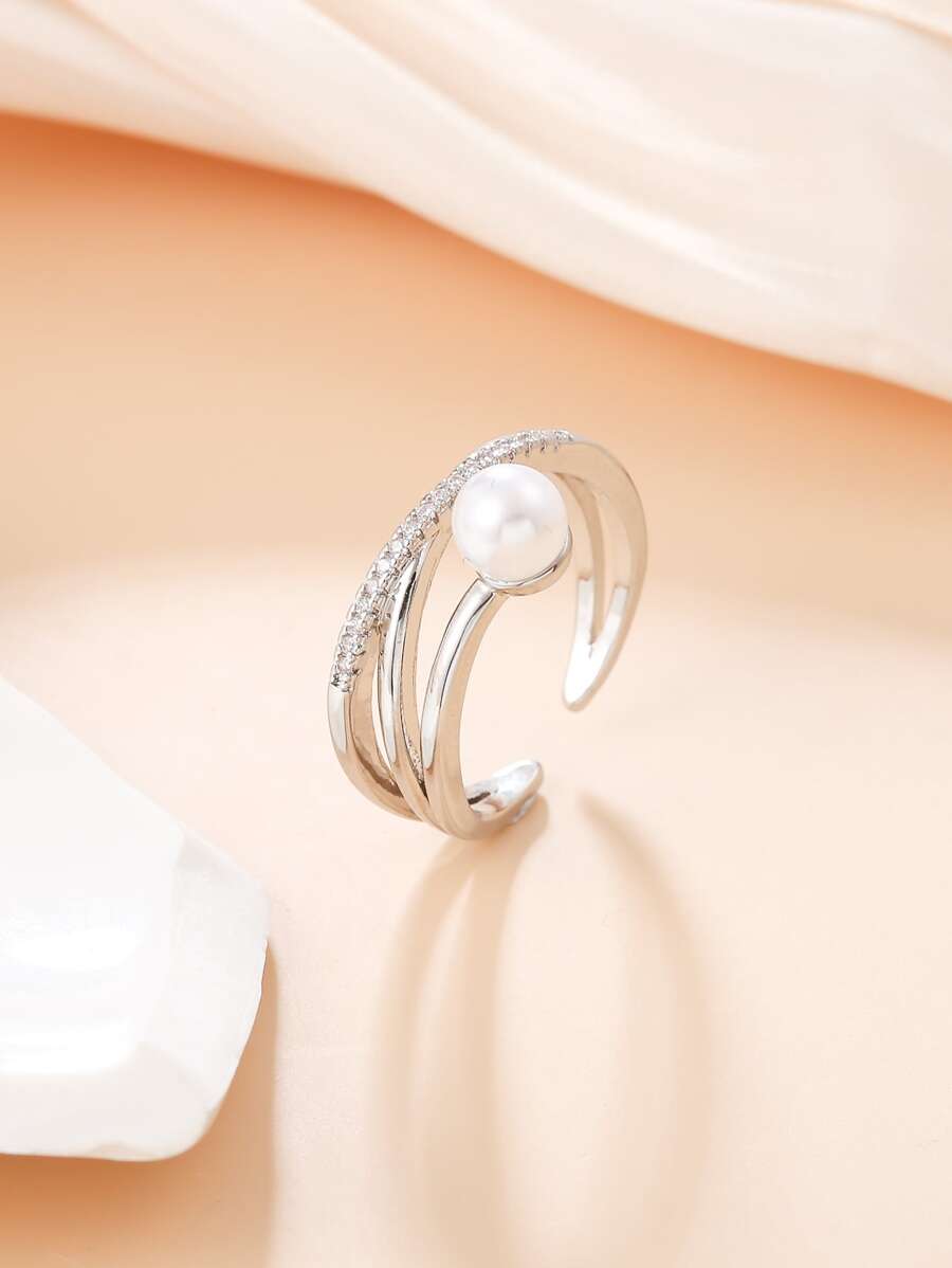 Faux Pearl & Cubic Zirconia Decor Cuff Ring