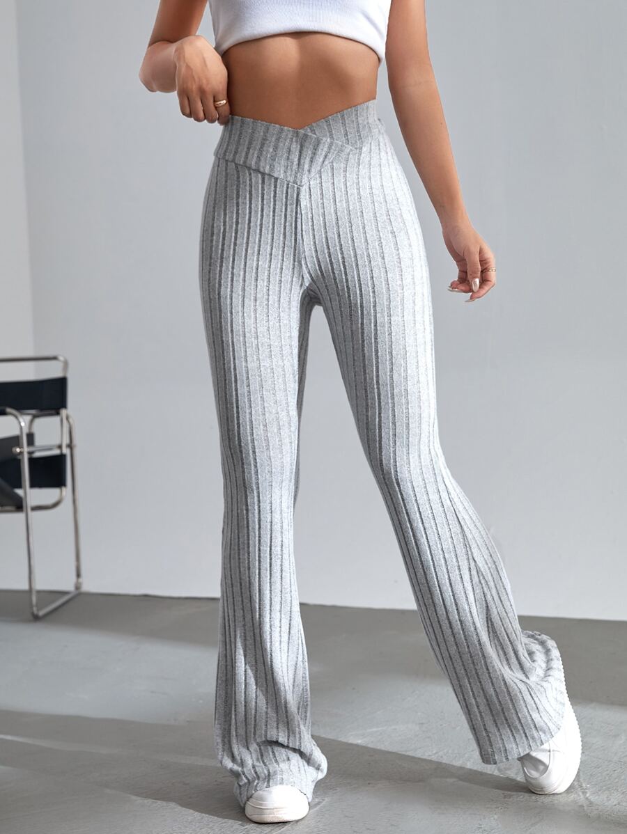 SHEIN EZwear Solid Ribbed Knit Flare Leg Pants