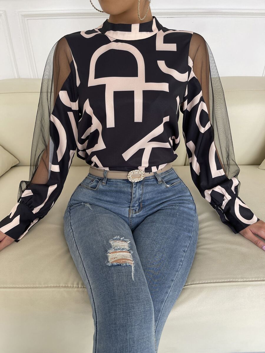 Calvaya Letter Graphic Mock Neck Contrast Mesh Blouse