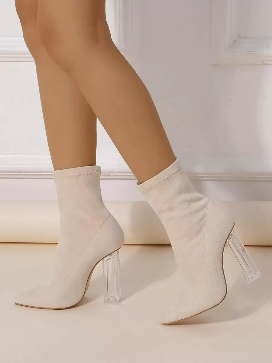Botas cortas para mujer en color caqui, vestido blanco, a juego con leggings, tacón alto de cristal, botas de tacón grueso y elástico cómodo y sexy para exteriores con tacón de cristal, tallas grandes, para otoño e invierno
