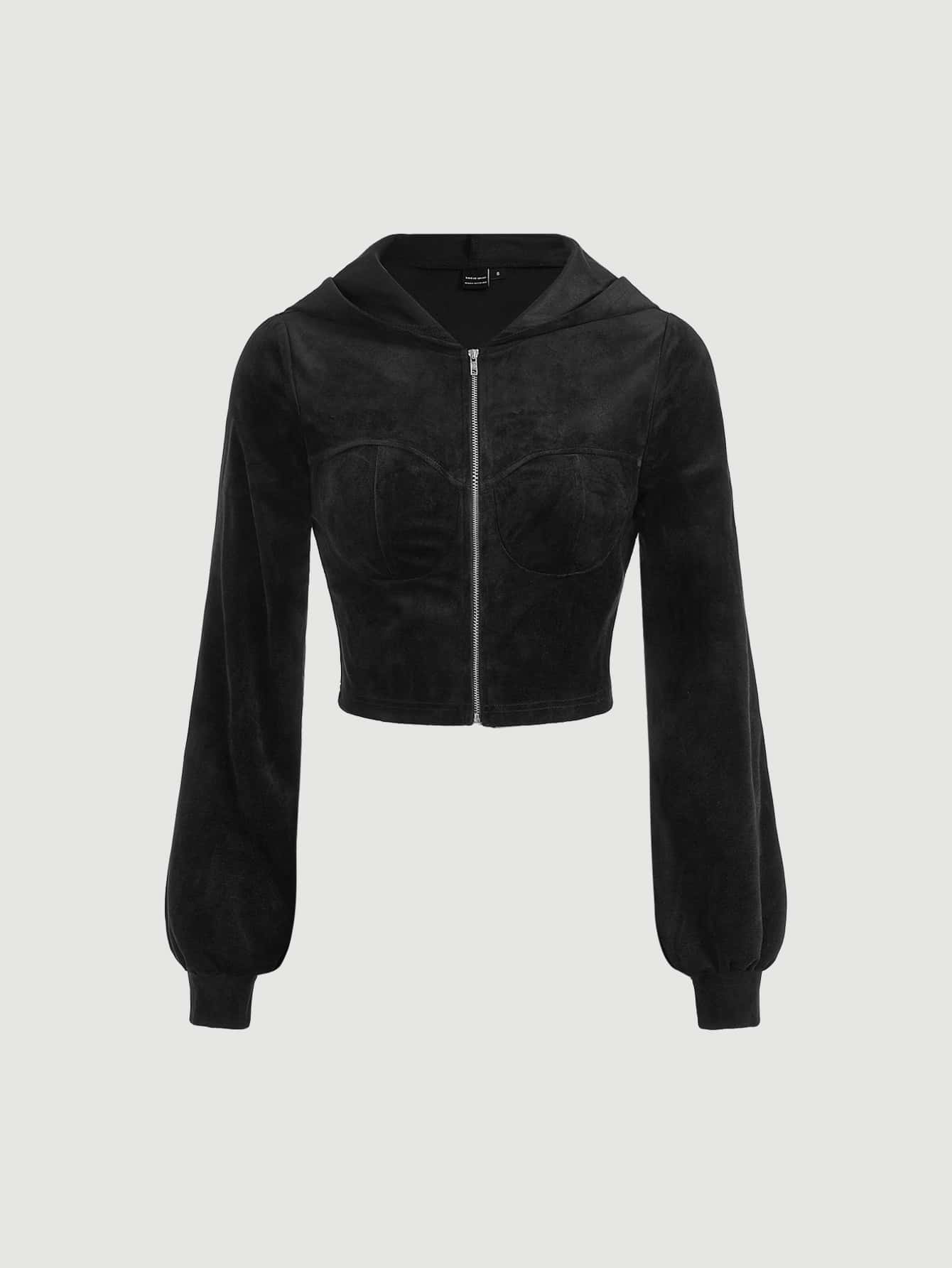 SHEIN MOD Zip Up Hooded Velvet Crop Sweatshirt