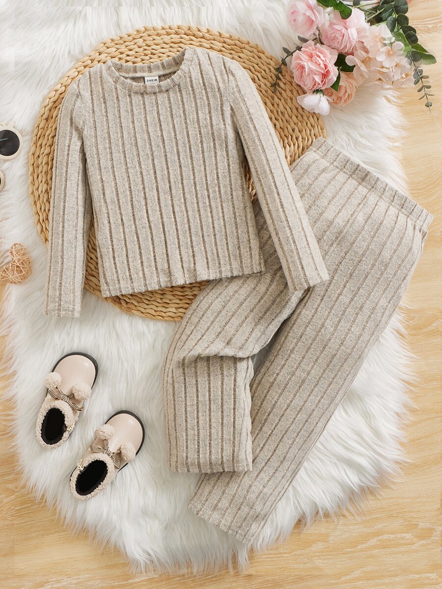 SHEIN Tricou și pantaloni din tricot cu nervuri pentru fetiță