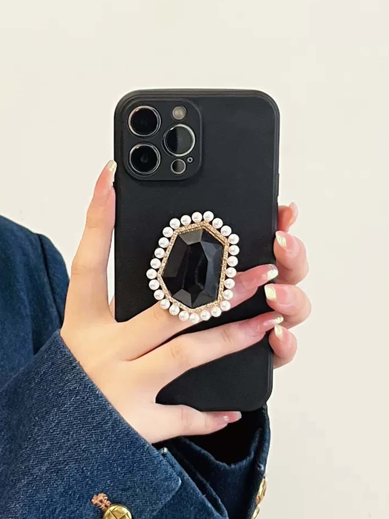 Plain Phone Case With Faux Pearl Decor Stand-out Phone Grip