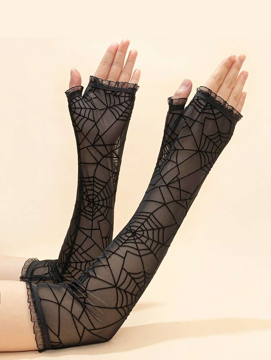 Guantes con patrón de telaraña ribete fruncido