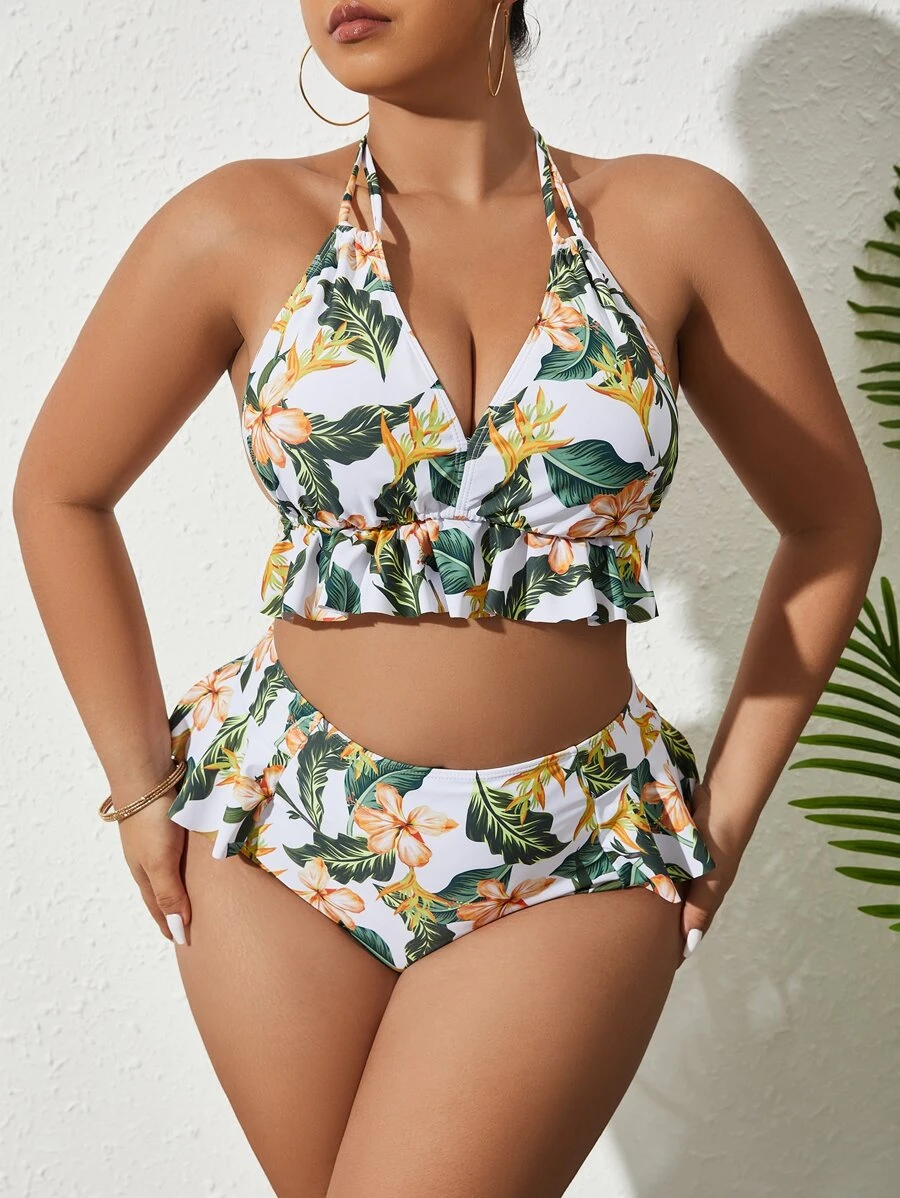 SHEIN Swim Curve Große Größe Bikini Set mit tropischem Muster und Rüschen Saum für den Sommer am Strand